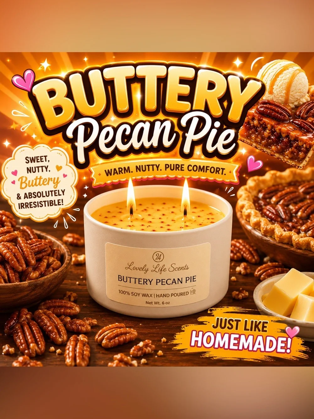 Buttery Pecan Pie 6oz Double Wick Premium Soy Candle - Lovely Life Scents